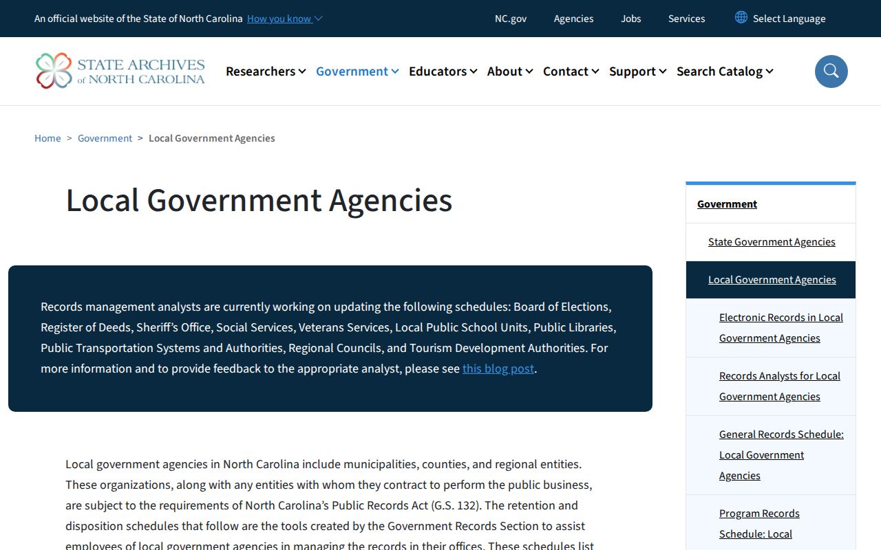 North Carolina State Archives explanation of approved county record schedules and destruction rules