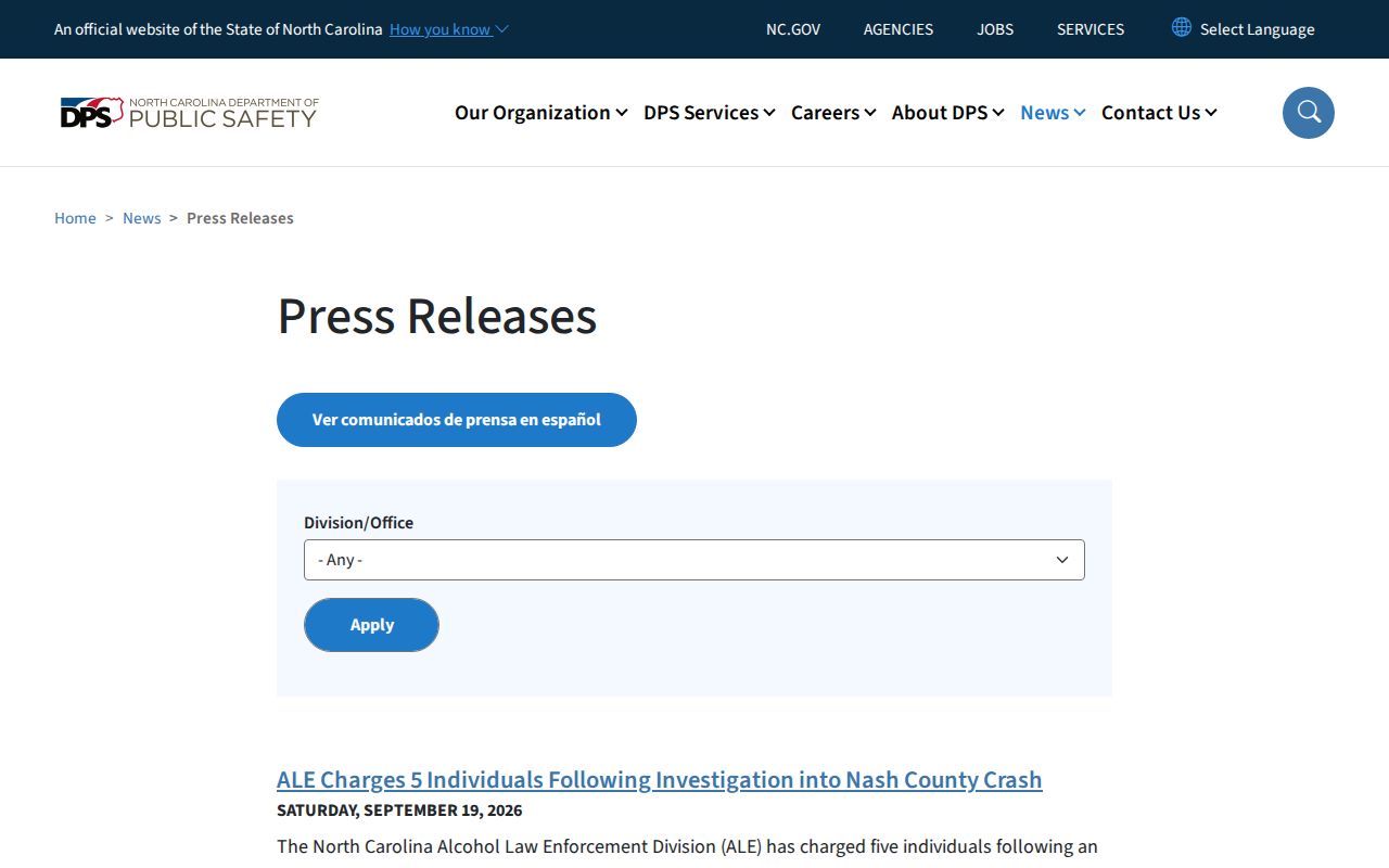 North Carolina Department of Public Safety press-release archive used for State Highway Patrol arrest news