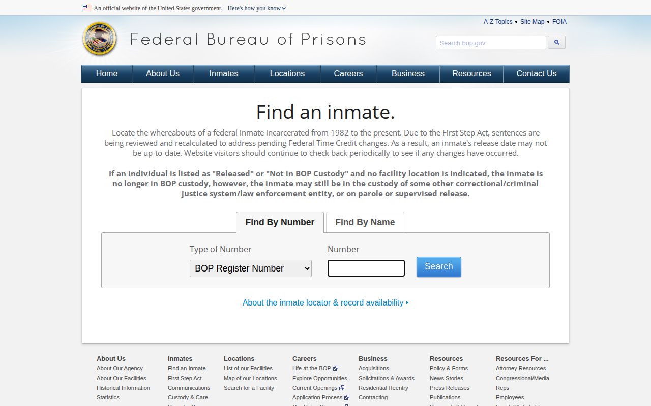 Federal Bureau of Prisons locator for federal custody status, separate from North Carolina jail bookings