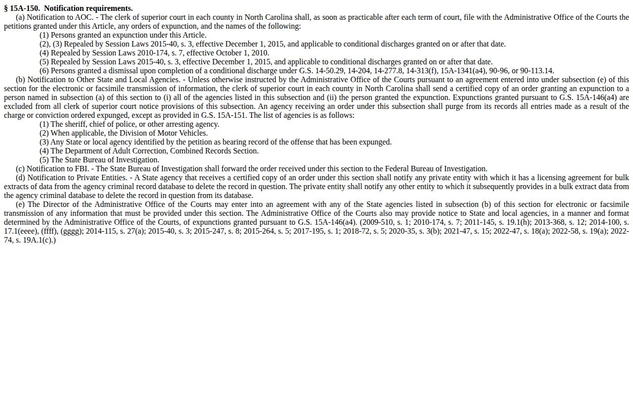 North Carolina clerk and agency notice process after an expunction order