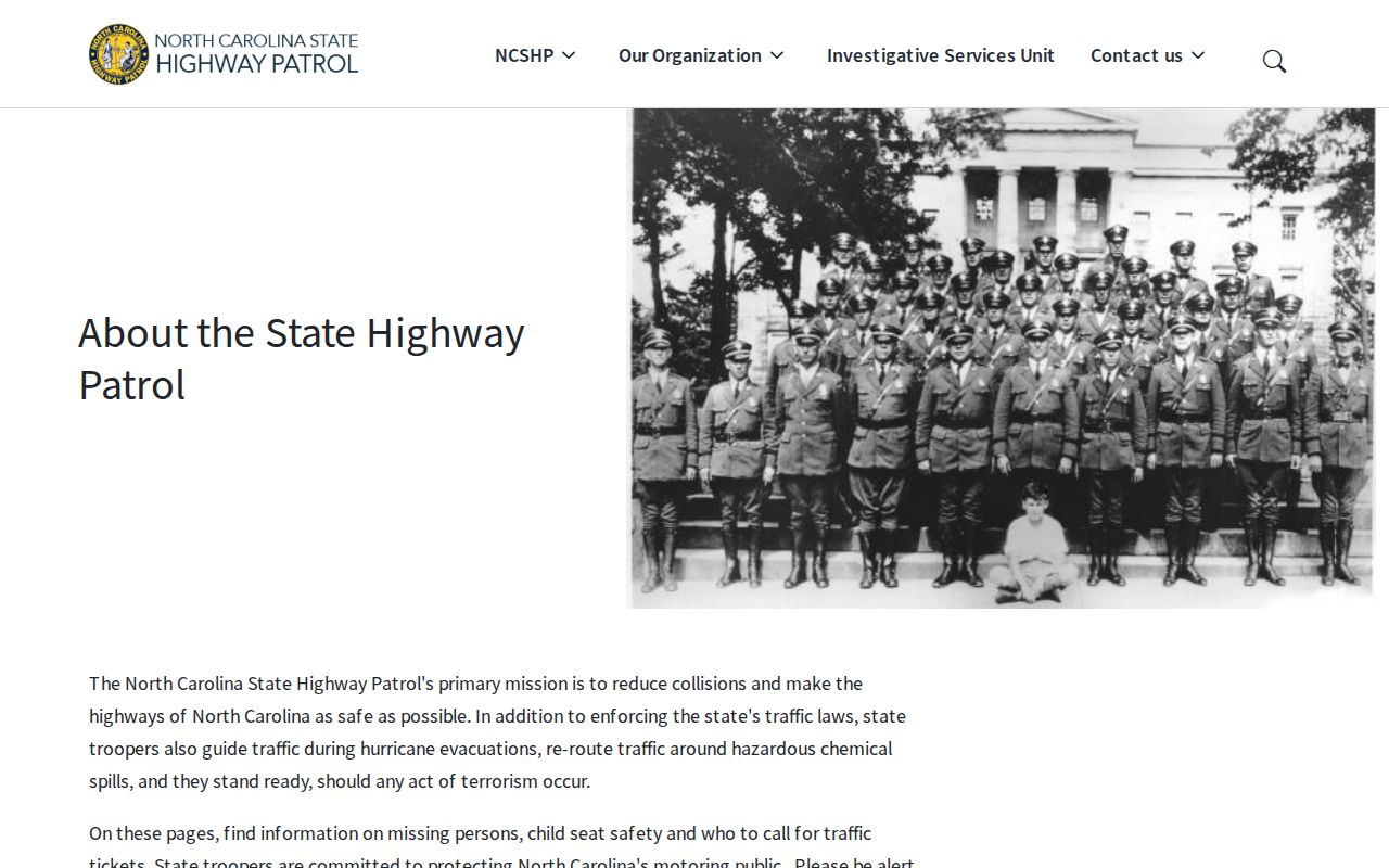 North Carolina State Highway Patrol About page describing the agency and its enforcement role