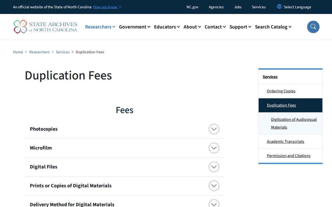 North Carolina State Archives copy and duplication fee information for historical records