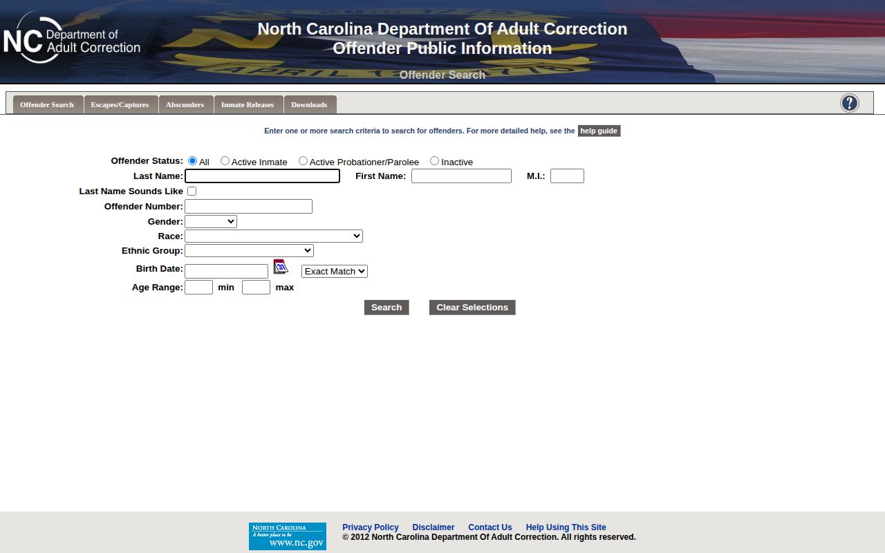 North Carolina Department of Adult Correction custody search, distinct from county recent arrests