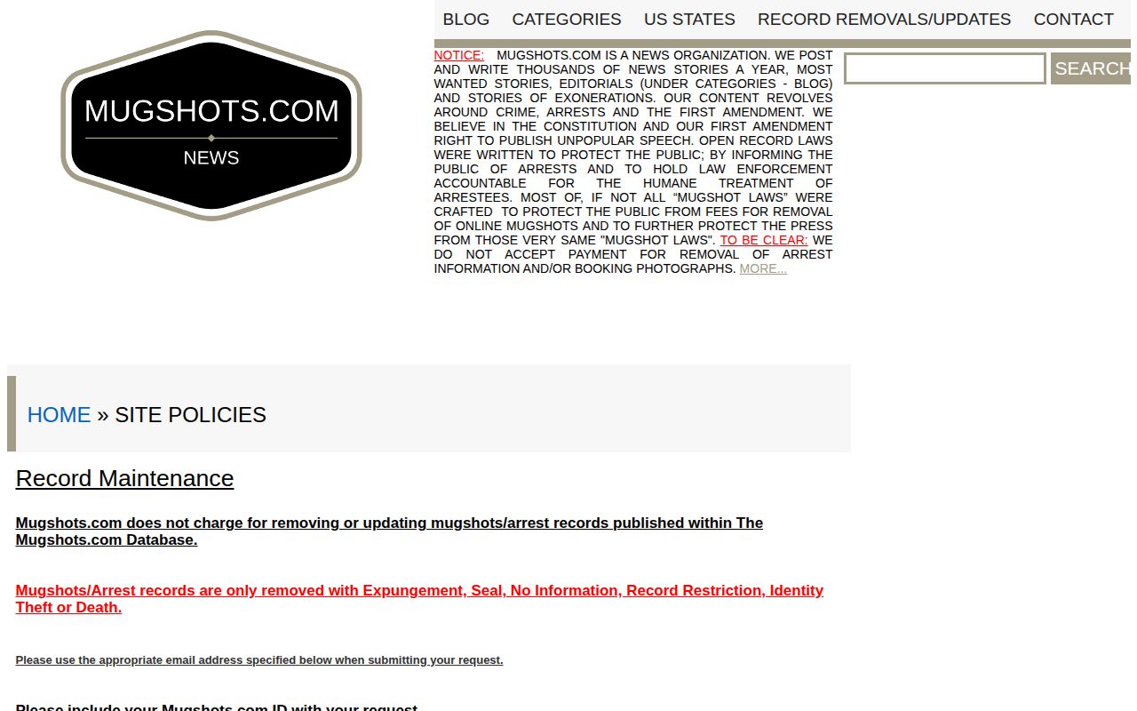 Mugshots.com publisher policy describing a free update or removal process for qualifying records