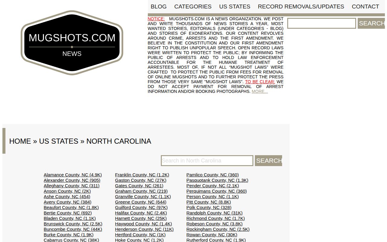 Mugshots.com North Carolina secondary arrest-record section
