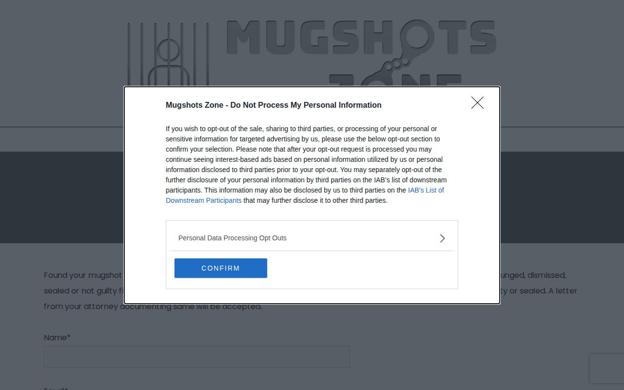 Mugshots.zone privacy and removal interface for an unofficial arrest listing