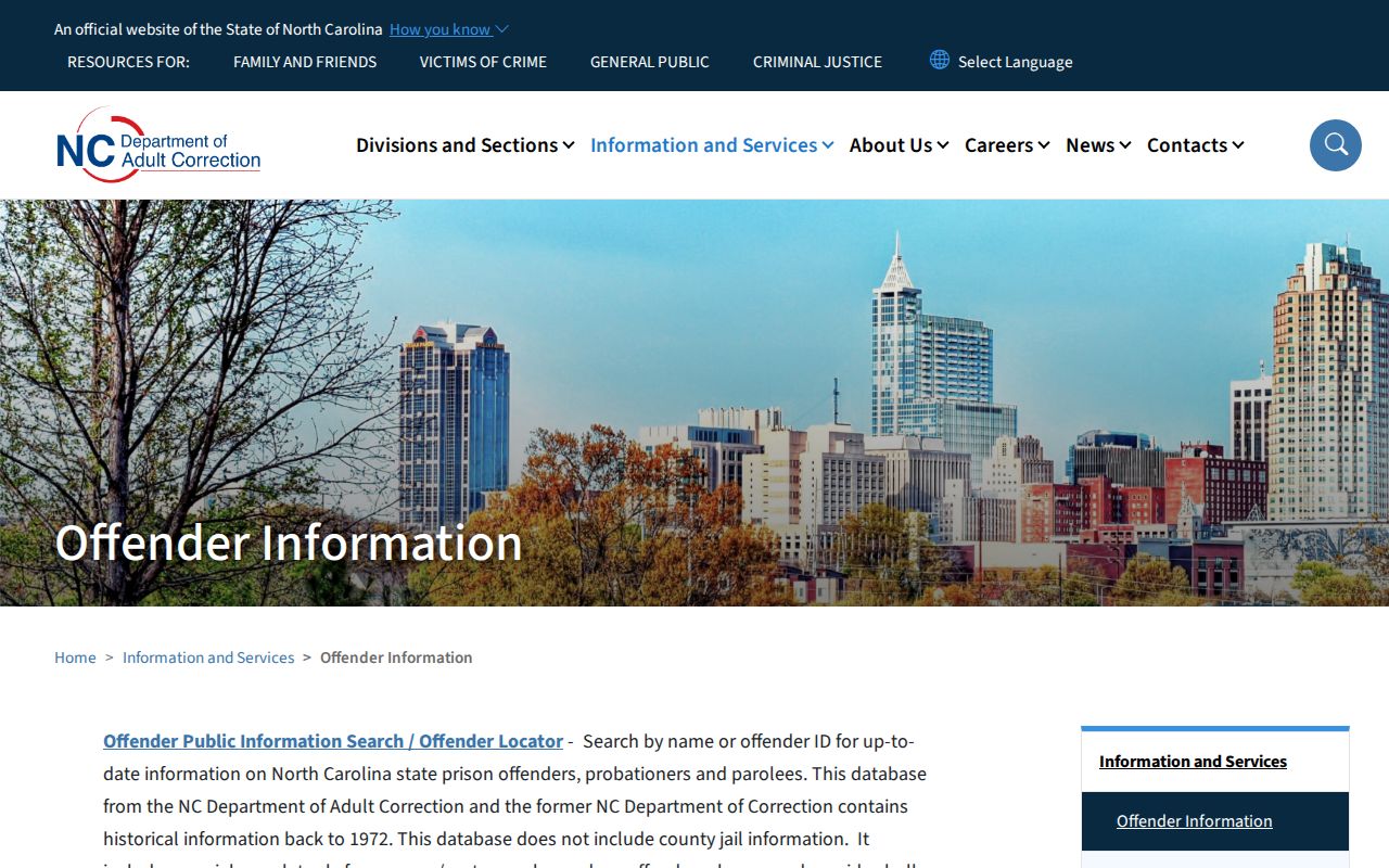 North Carolina Department of Adult Correction offender search for state custody records