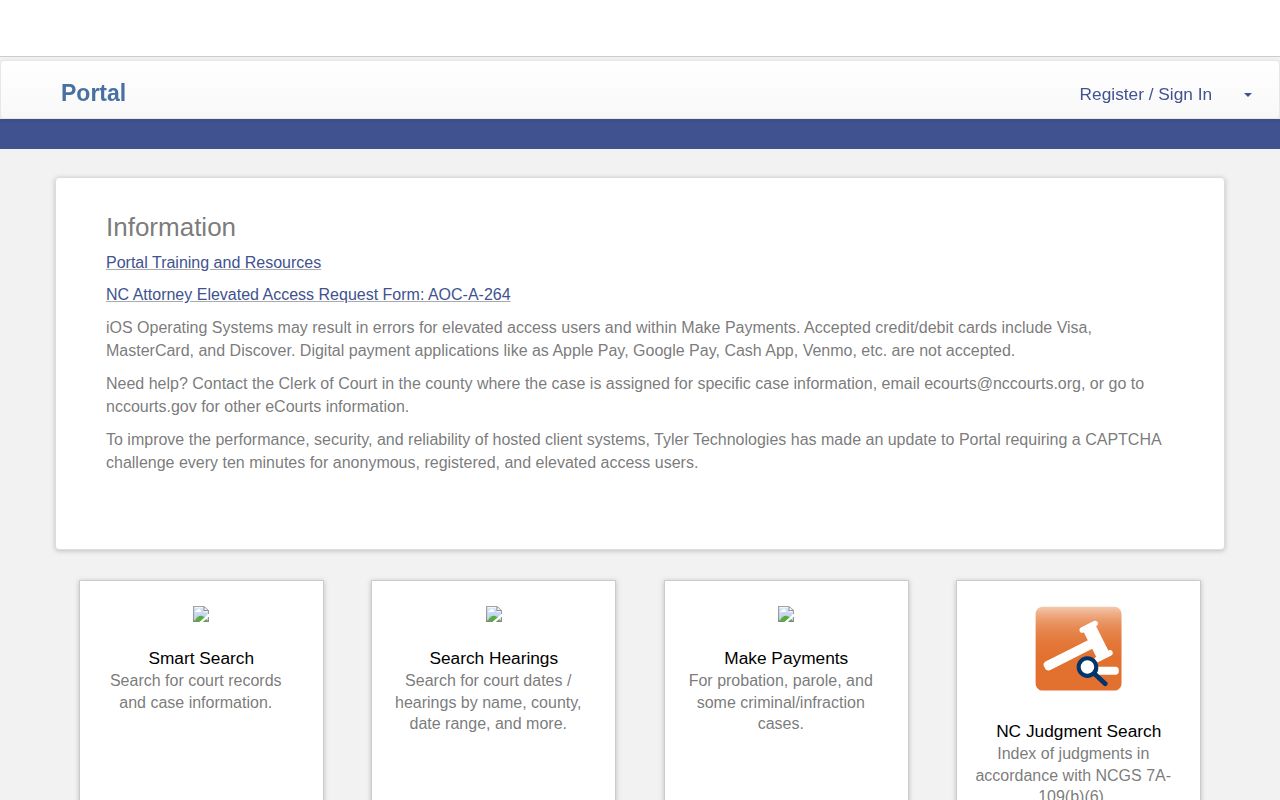 North Carolina court portal for case records related to a recent arrest