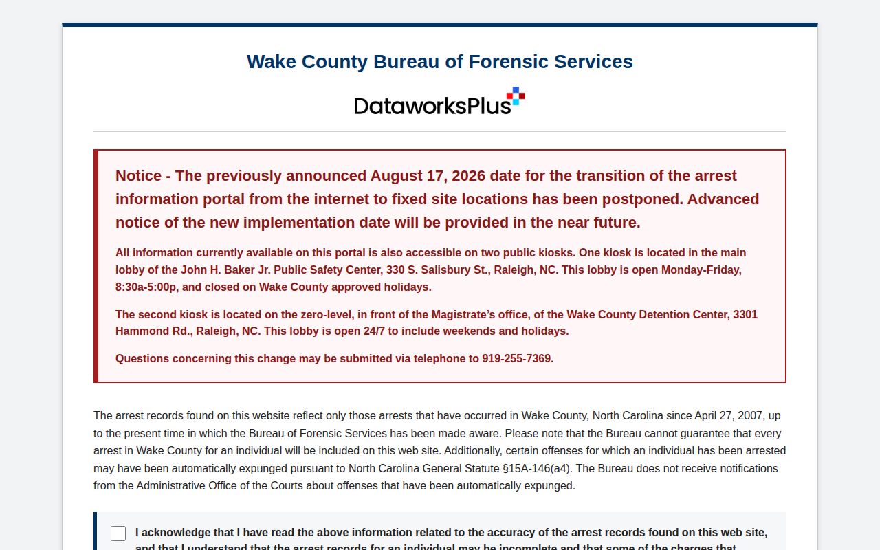 Wake County current and historical arrest search disclaimer for North Carolina records