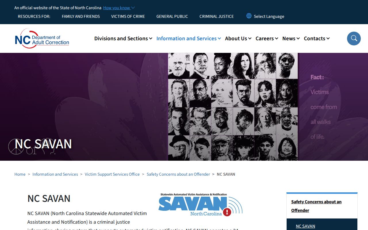 Official North Carolina SAVAN custody and arrest notification service