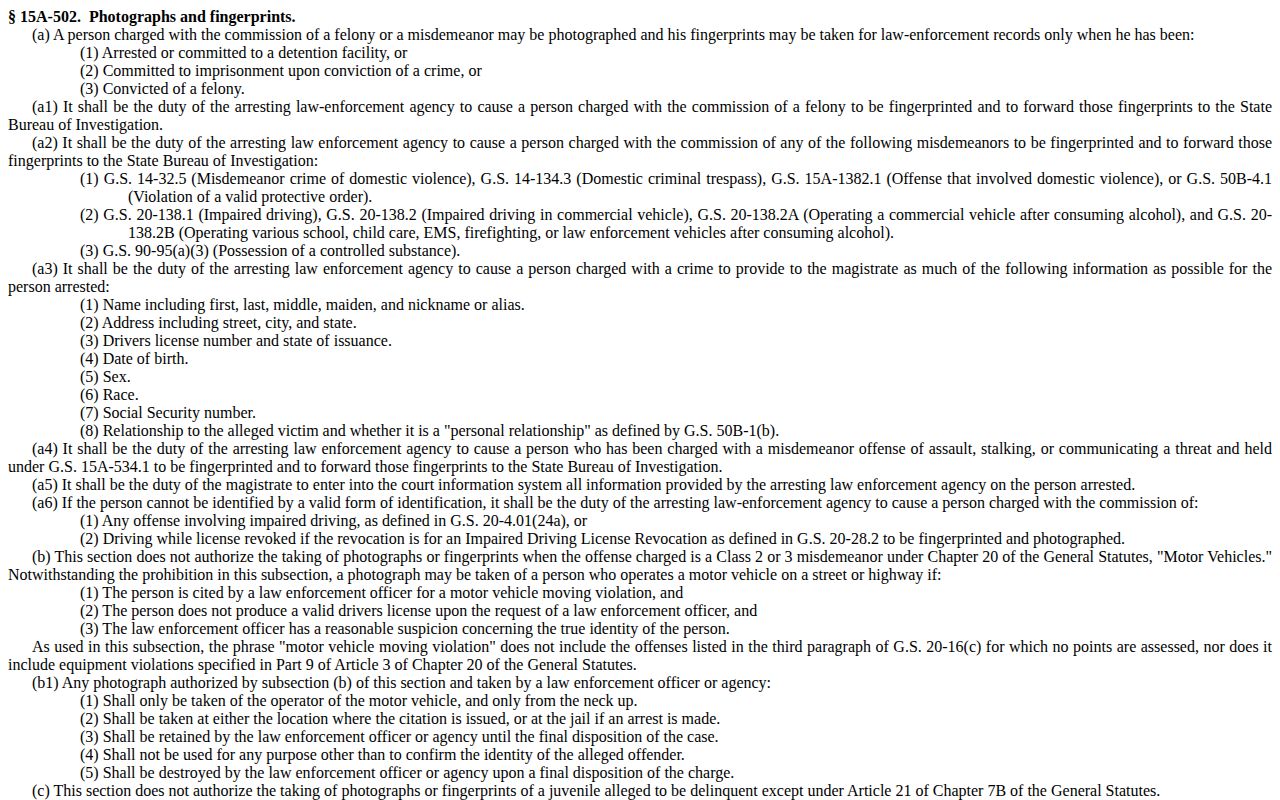 North Carolina arrest statute on law-enforcement photographs and fingerprints