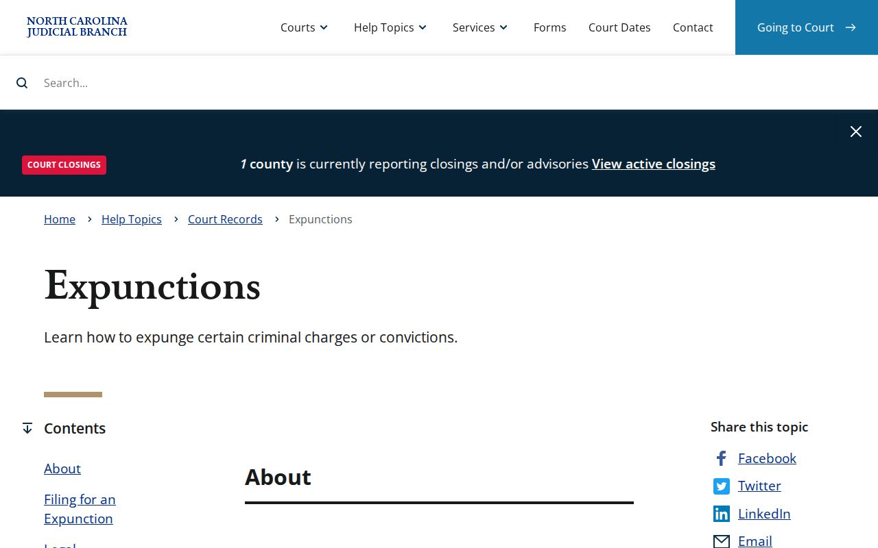 North Carolina Courts expunction information for arrest and court records