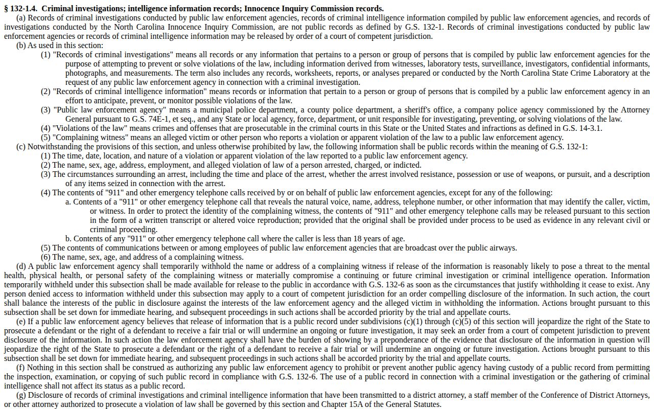 North Carolina arrest-information law distinguishing public details from investigative records