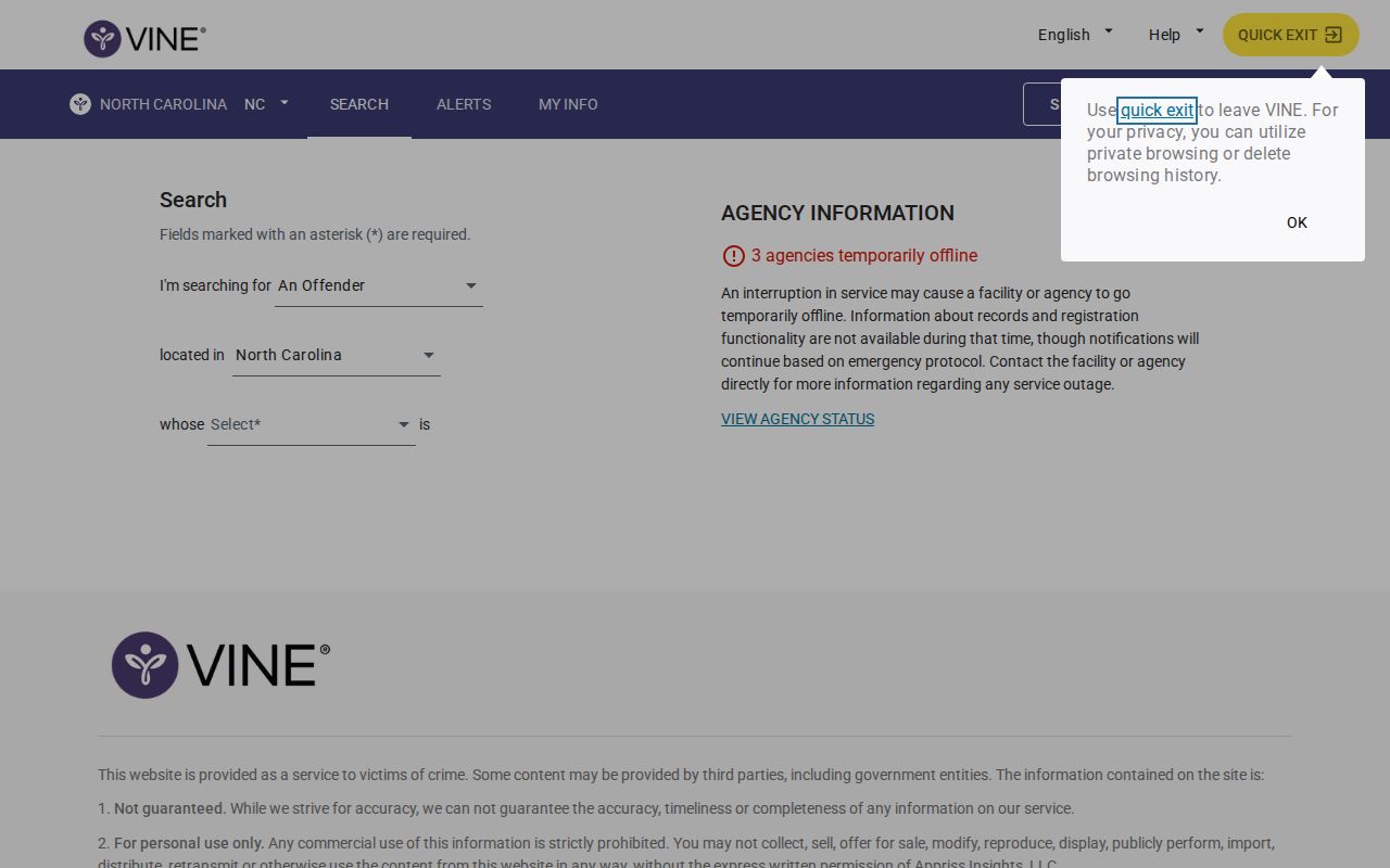 North Carolina VINELink person search for an arrest custody record