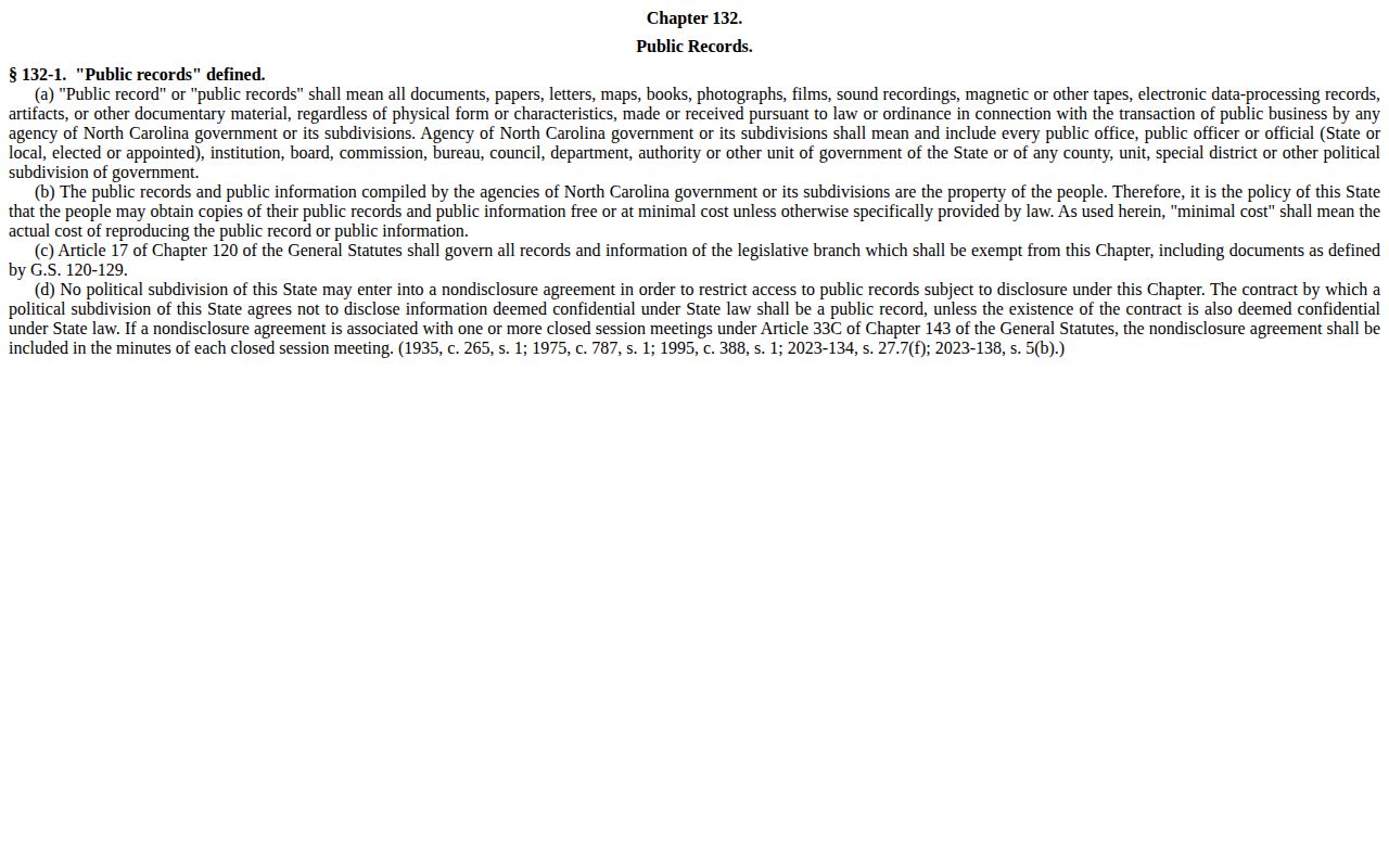 North Carolina public-record definition covering arrest records, photographs, and electronic records