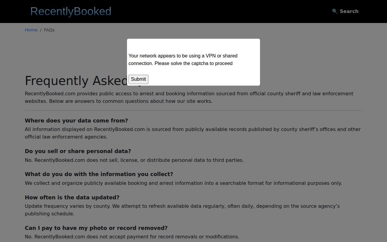 RecentlyBooked source and update disclosure for North Carolina arrest listings