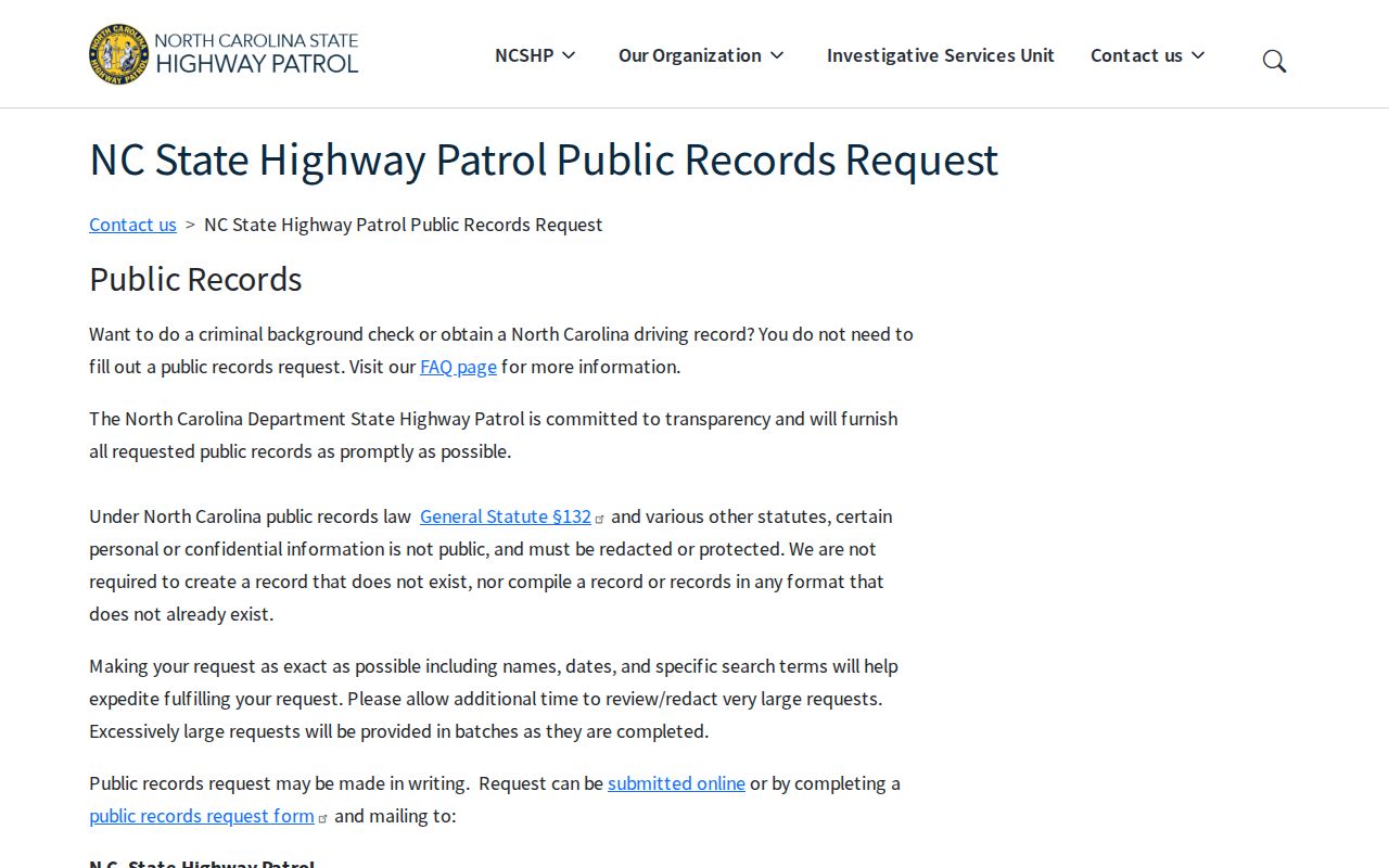 North Carolina State Highway Patrol public-records request page for requesting an arrest or incident record