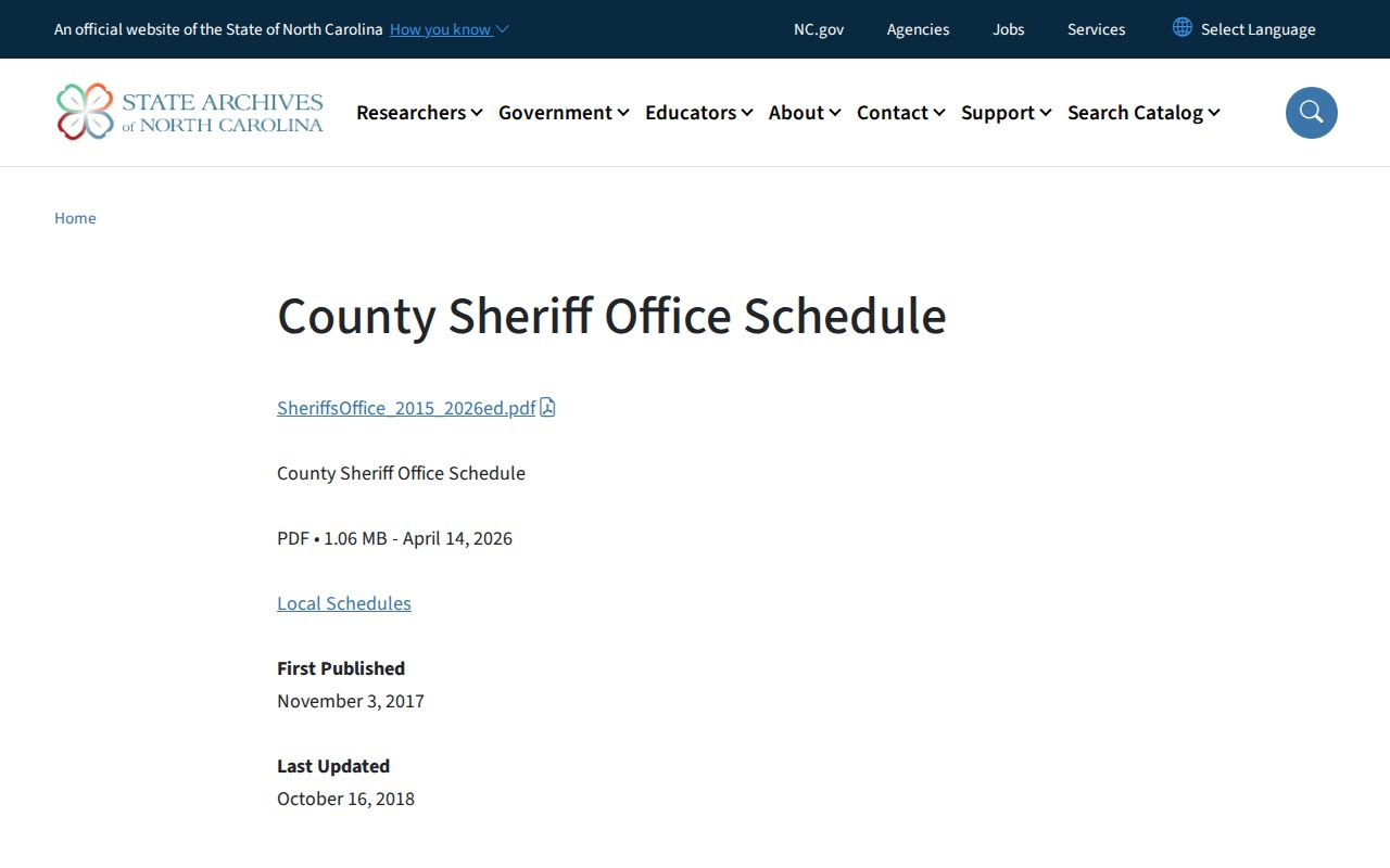 North Carolina sheriff records retention schedule covering arrest and detention records