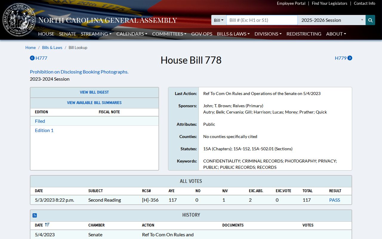 North Carolina House Bill 778 proposal concerning booking-photo publication and removal