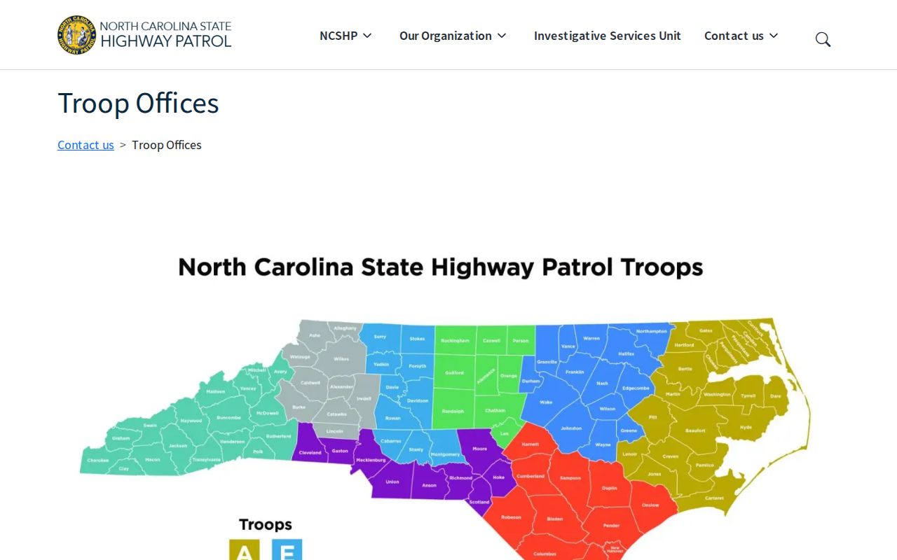North Carolina State Highway Patrol troop offices page showing the agency’s statewide contact structure